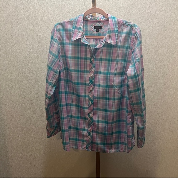 Talbots Purple Teal Plaid Button Up Long Sleeve Shirt Blouse Top Large - Picture 1 of 6